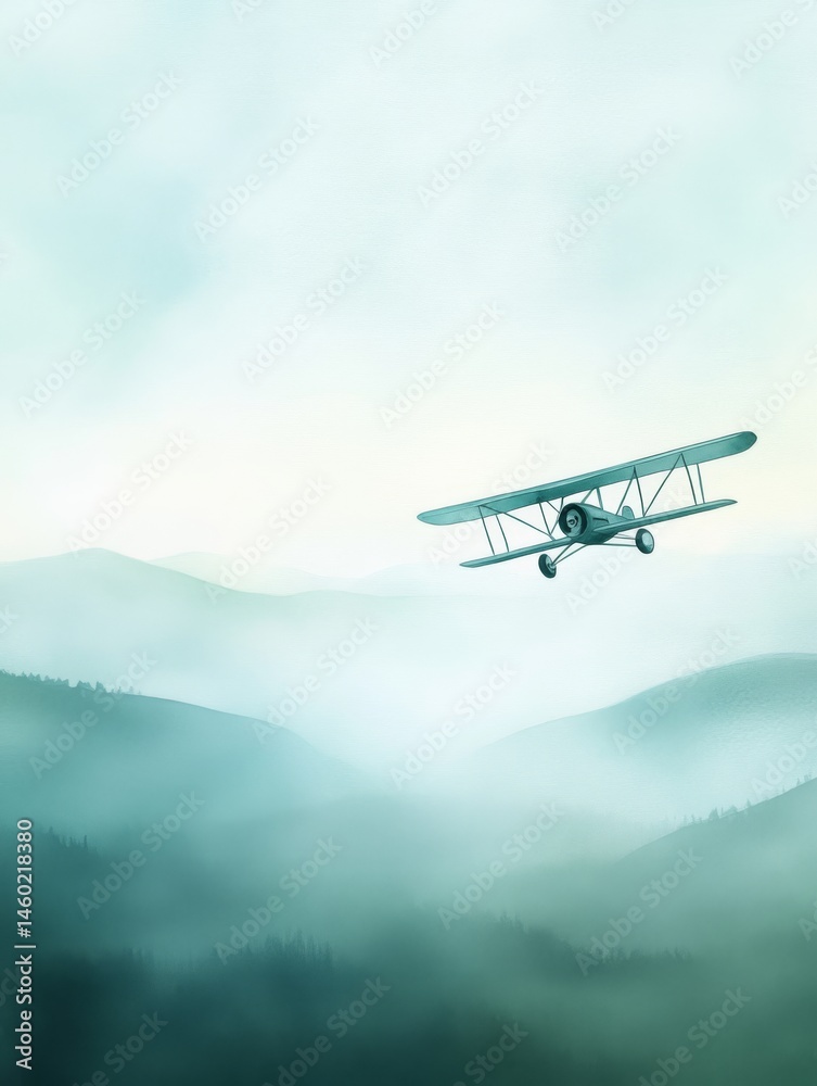 Fototapeta premium Vintage biplane flying over misty green mountains 