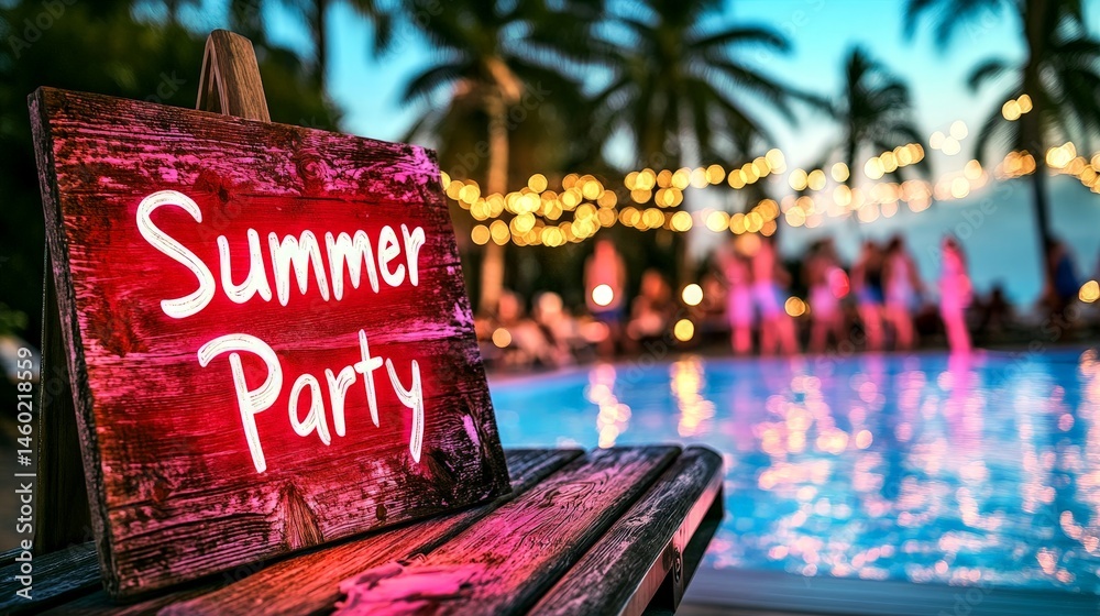 Neon Summer Party sign glowing at a vibrant poolside party