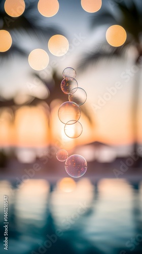Sunset Party with Bubbles, Palm Trees, and People in the Background