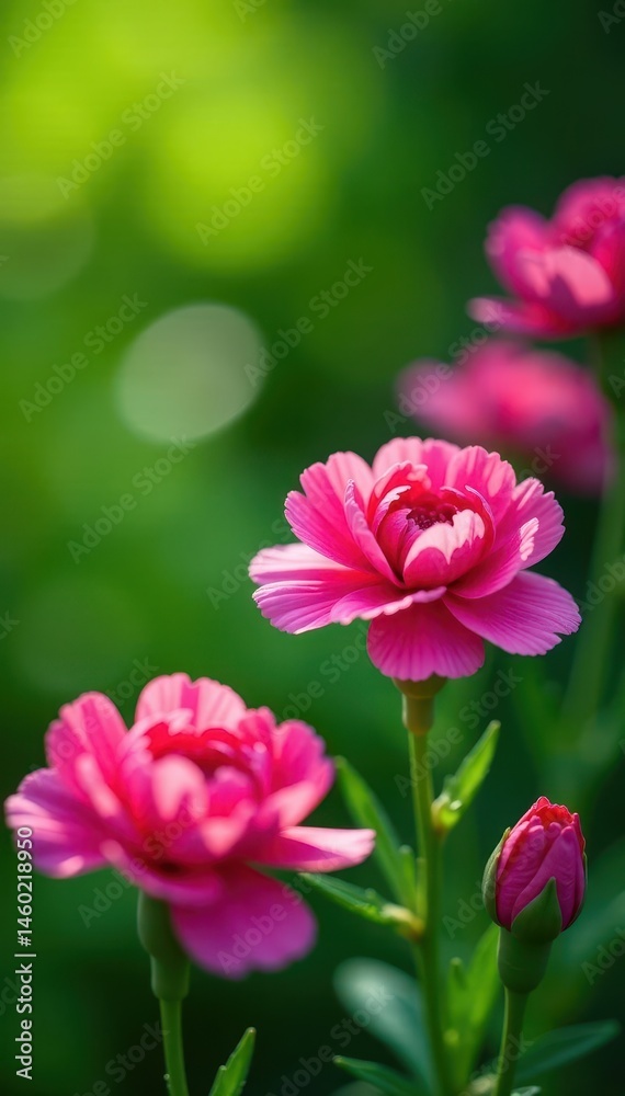 Vibrant pink carnations in full bloom, lush green backdrop, sunny day , petals, flora Vibrant pink carnations in full bloom, lush green backdrop, sunny day , petals, flora