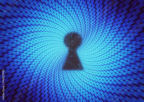 Fototapeta Naklejka Na Ścianę i Meble -  テクノロジーの概念で鍵穴のある幾何学的な青いトンネルの3dイラスト