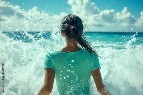 Happy stress-free trip getaway graphic. Gorgeous and hot happy asian young woman in green tight t-shirt enjoying turquoise sea, splashes around her. Bright Ñommercial style.