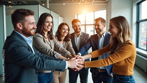 Business team stacking hands for collaboration and unity in modern workspace