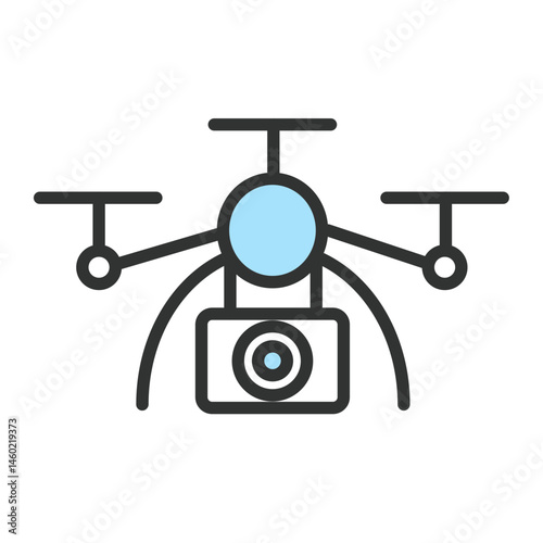 flat drone aerial photography vector illustration, quadcopter surveillance technology linear symbol, professional UAV delivery videography equipment icon, remote control flying gadget mapping security
