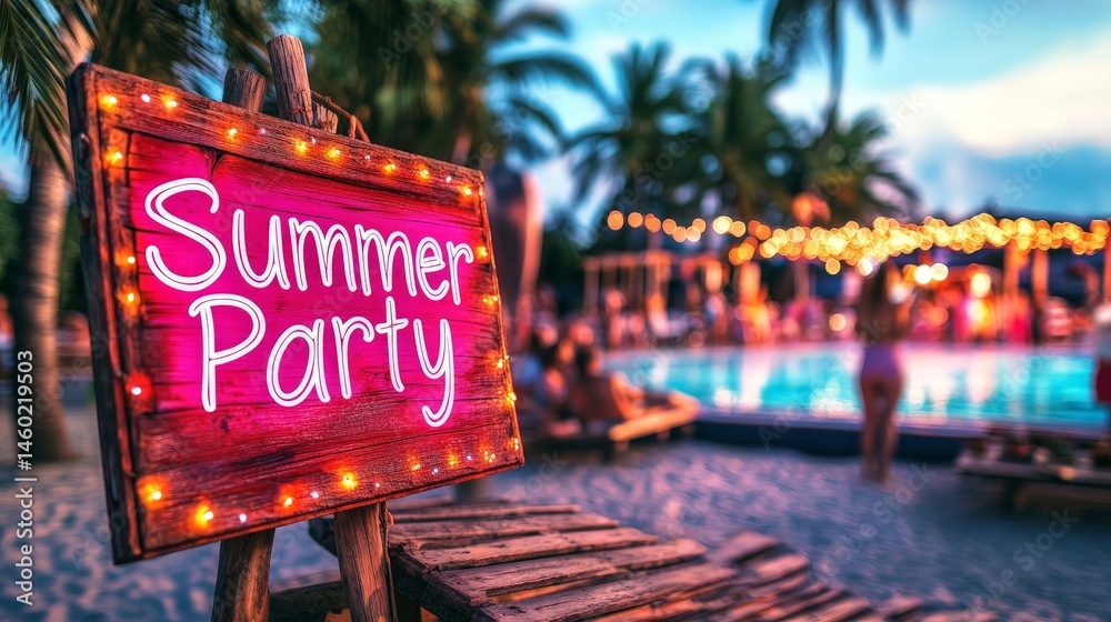 Neon Summer Party sign glowing at a vibrant poolside party