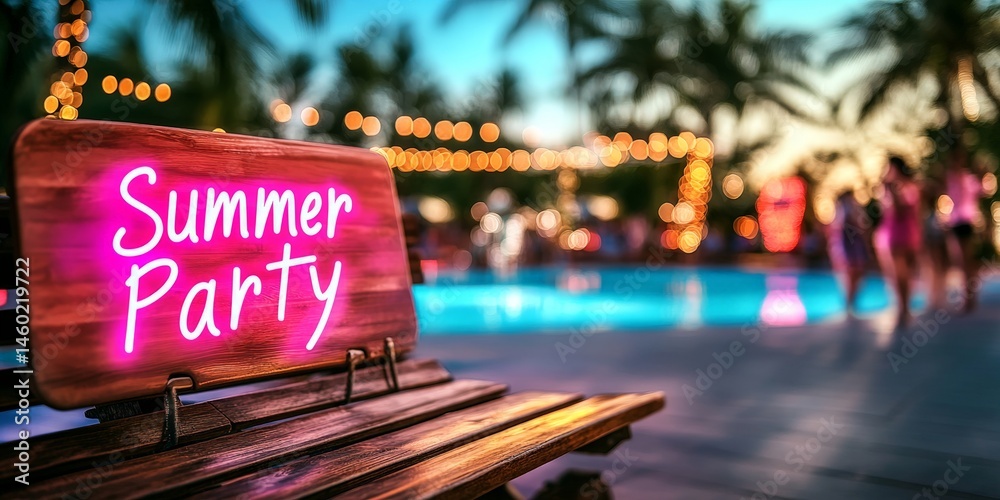 Neon Summer Party sign glowing at a vibrant poolside party
