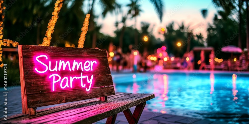 Neon Summer Party sign glowing at a vibrant poolside party