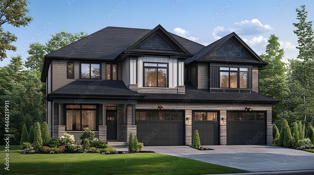 Digital rendering of a two-story modern house design. Digital rendering of a two-story modern house design.