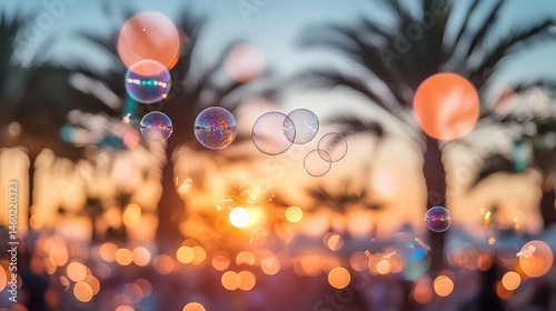 Sunset Party with Bubbles, Palm Trees, and People in the Background