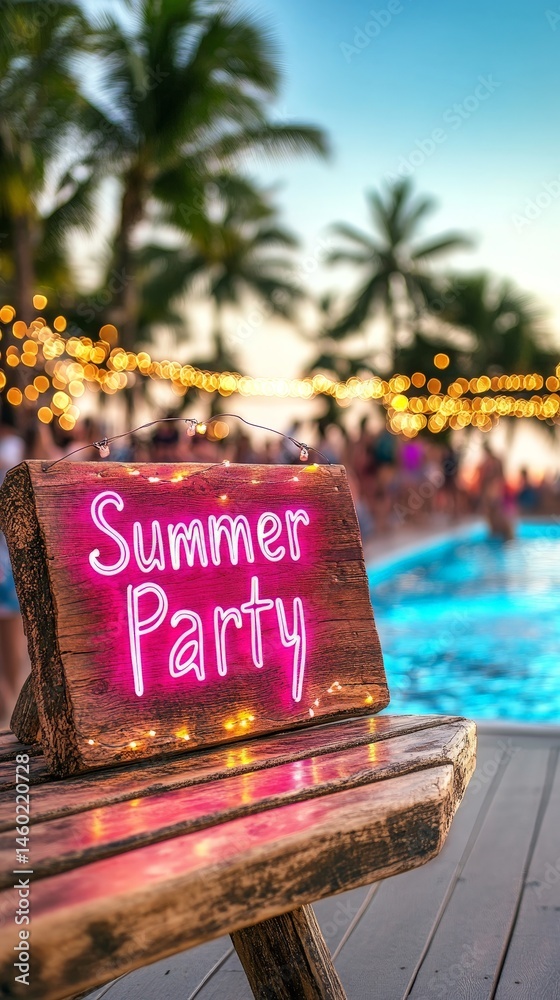 Neon Summer Party sign glowing at a vibrant poolside party