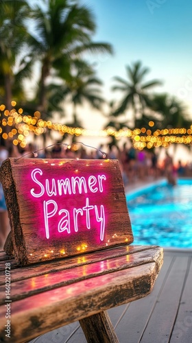 Obraz na płótnie Neon Summer Party sign glowing at a vibrant poolside party w salonie