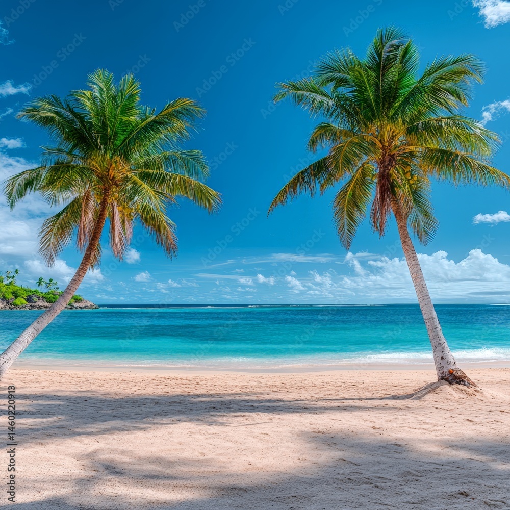 Obraz premium Stunning Tropical Beach with Palm Trees and Clear Ocean Waters