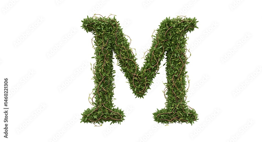 A capital letter M designed with natural elements like leaves and vines, organic and earthy style, no faces or cartoon features, isolated on a pure white background A capital letter M designed with natural elements like leaves and vines, organic and earthy style, no faces or cartoon features, isolated on a pure white background