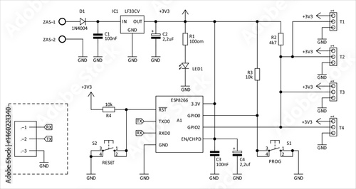 Schematic diagram of electronic device.
Vector drawing electrical circuit with 
controller, integrated circuit, button, 
resistor, capacitor, led indicator, voltage converter, diode  on paper sheet.