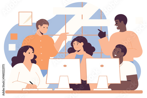 Diverse team of professionals collaborating on a creative project, teamwork and brainstorming
