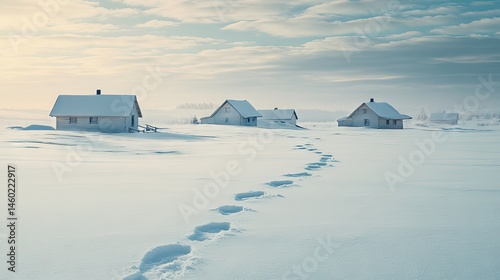 Snowy landscape with footprints and simple homes.