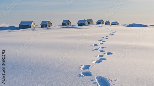 A serene winter landscape with footprints leading to small structures.