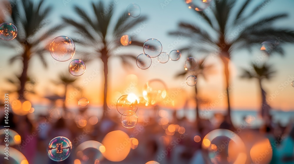 Colorful party bubbles floating in the pool with sunset backdrop