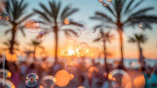 Colorful party bubbles floating in the pool with sunset backdrop