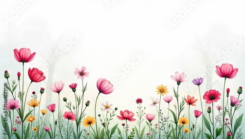 Delicate watercolor wildflowers, soft pastel shades, evenly spaced , summer, pretty, botanical
