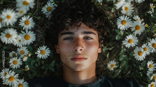Young man resting amidst a field of daisies.