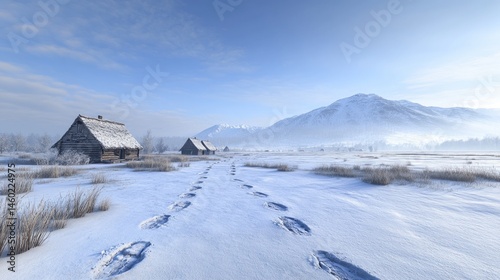 Snowy landscape with traditional dwellings and footprints.