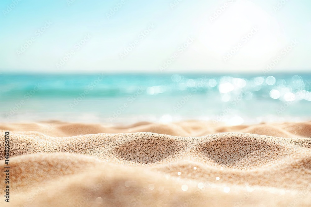 Fototapeta premium Sandy Beach Meets Azure Ocean, Sparkling Sunlight, Summer Vacation Backdrop, Sea View