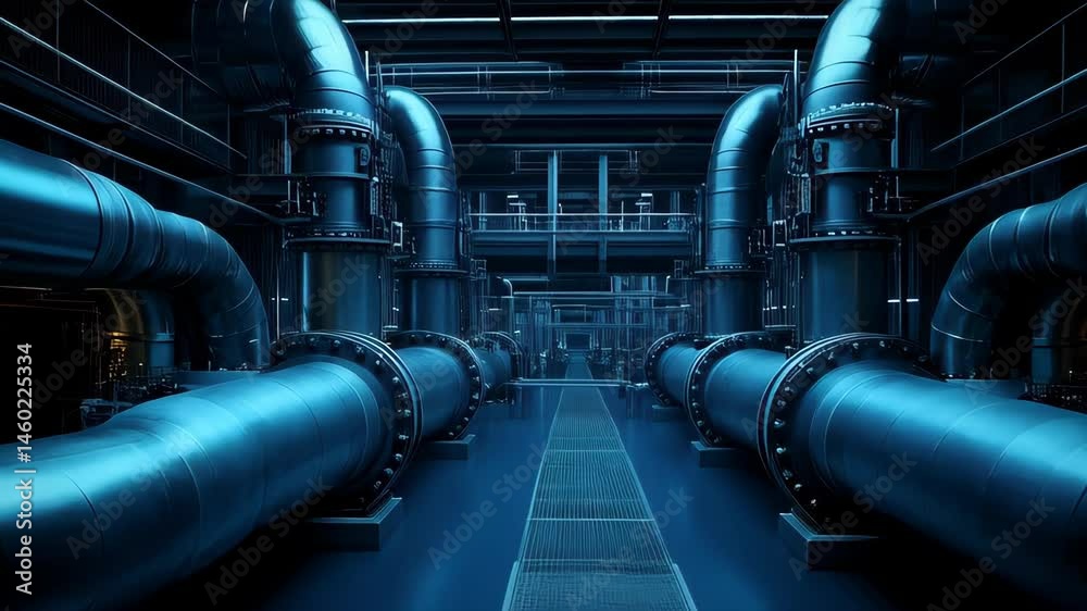 Industrial pipes create an elaborate maze in a dark environment of a modern facility Industrial pipes create an elaborate maze in a dark environment of a modern facility