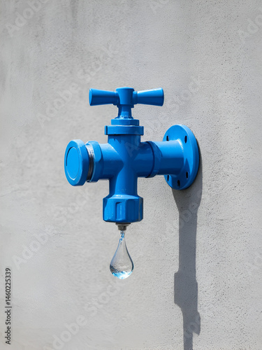 Blue water tap on rough gray cement concrete wall. Concept of saving water, saving energy, no water, drought, summer, dry season.