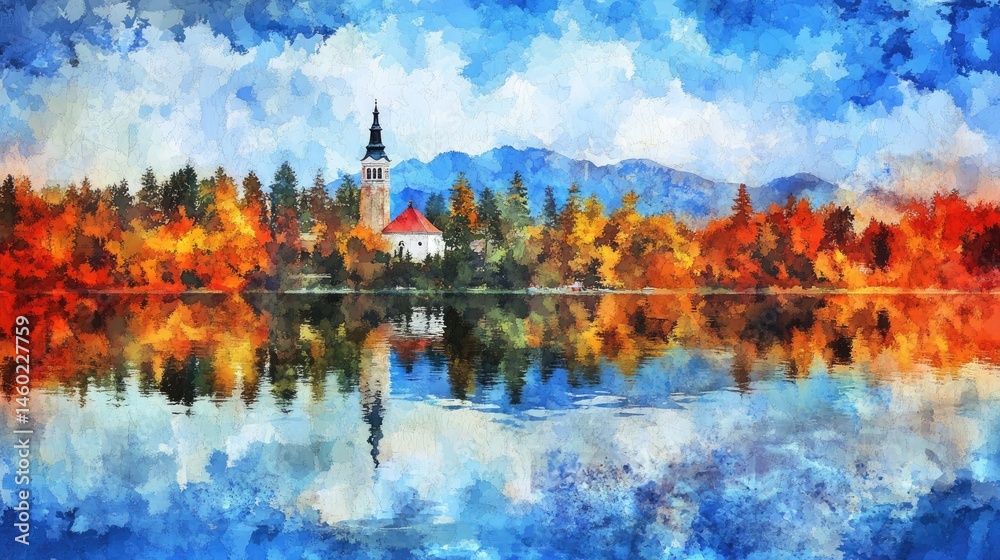 Fototapeta premium Colorful autumnal landscape reflecting in still water.