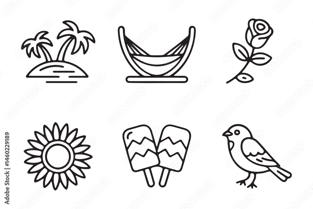 Fototapeta premium Simple Line Art Icons of Summer Relaxation and Treats
