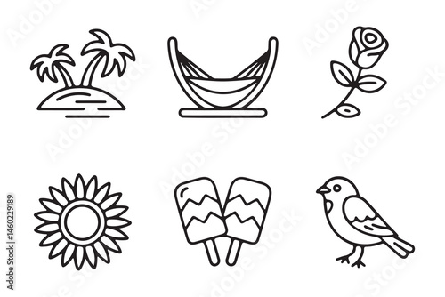 Simple Line Art Icons of Summer Relaxation and Treats
