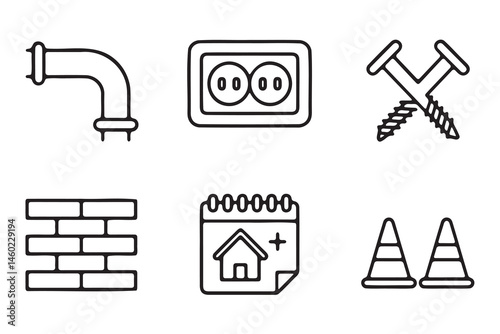 Simple Line Icons Representing Construction, Electrical, and Home Improvement Elements