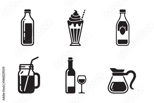 Simple Black and White Icons of Various Beverages and Drinks