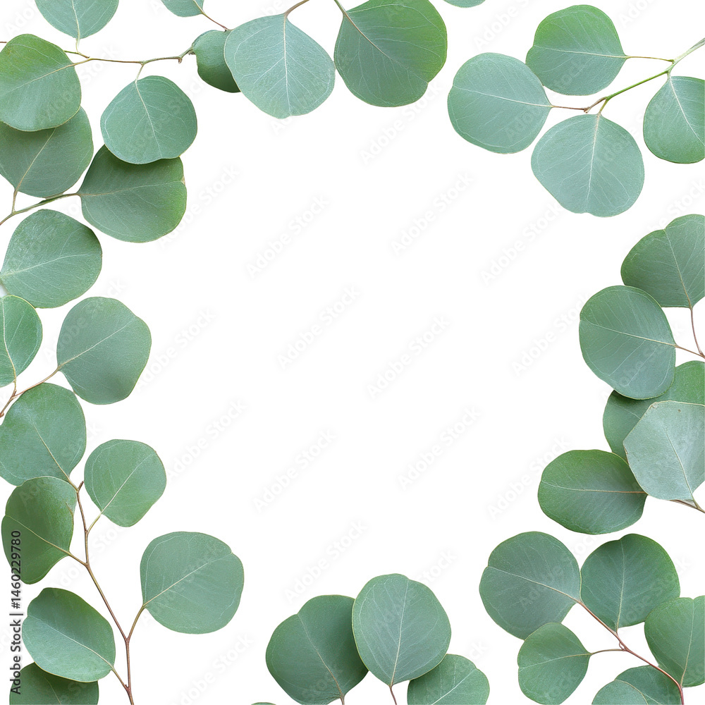 Eucalyptus leaves creating a natural frame on an isolated white background for creative display purposes, eucalyptus leaves frame isolated, white background