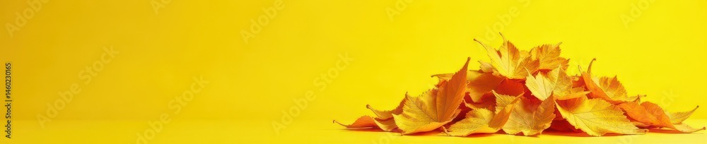 Pile of bright yellow and orange leaves against a matching yellow , golden, fall Pile of bright yellow and orange leaves against a matching yellow , golden, fall