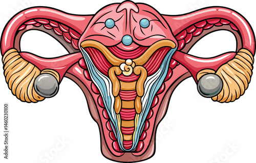 Medical illustration showing hormonal intrauterine device placement inside female reproductive system with labeled anatomy hand drawn raster. Medical science educational