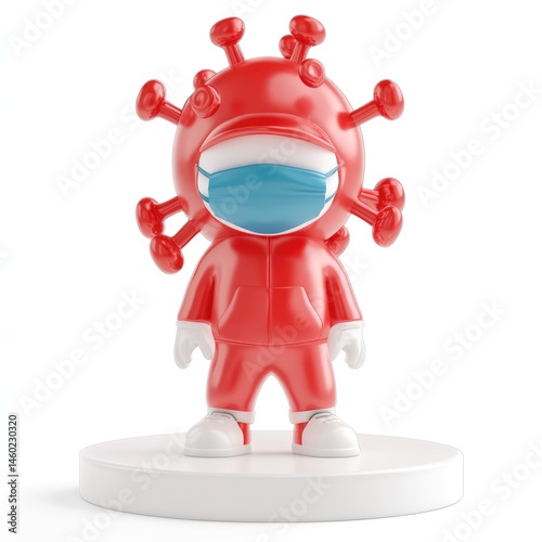 Cartoon virus character wearing protective gear. photo