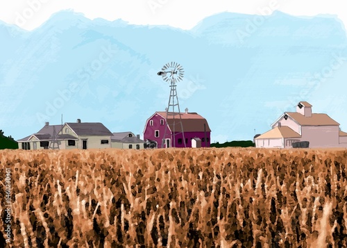 Vintage Barn and Wheat Field