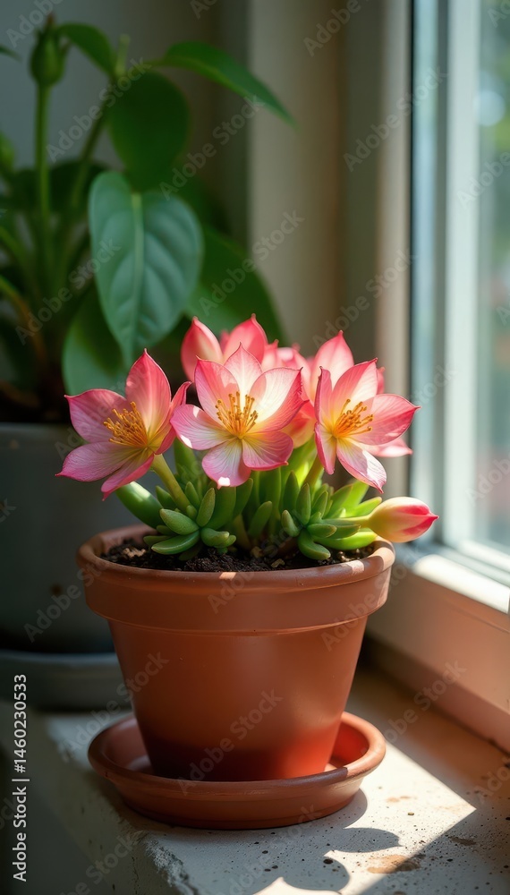 Obraz premium Vibrant succulent blooms in colorful clay pot on sunny windowsill, sedum, pottery, clay pot