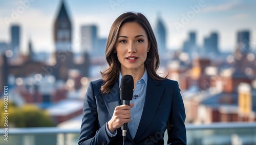 Confident female reporter broadcasting live news in urban setting backdrop