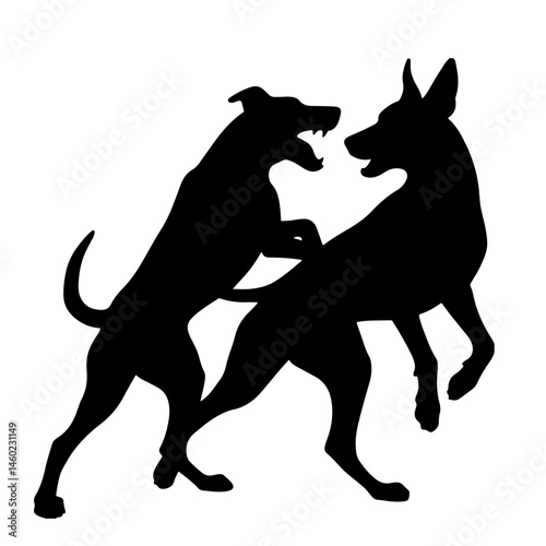 Konstfotografi Two dogs fighting, black silhouette, vector art, isolated on white background