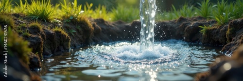 Artesian well water gushing forth after drilling , artesian well, resource