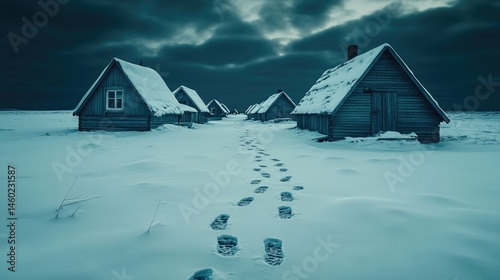 A solitary path through a snowy village at dusk.