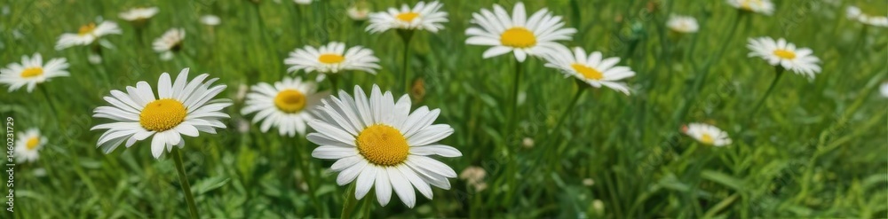 Fototapeta premium A vibrant cluster of daisies in a lush green field , sunshine, fresh, texture