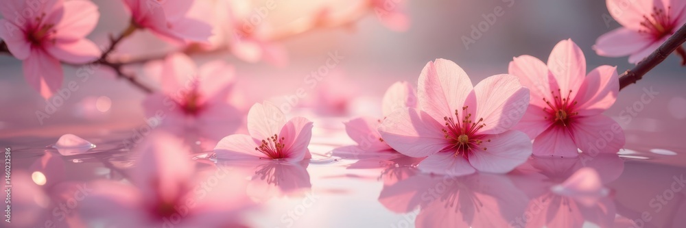 Obraz premium Ethereal pink blossoms adrift in milky bath, soft focus , macro, elegant, backdrop