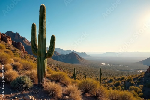 Towering saguaro cactus in stark desert landscape, horizontal, ecology