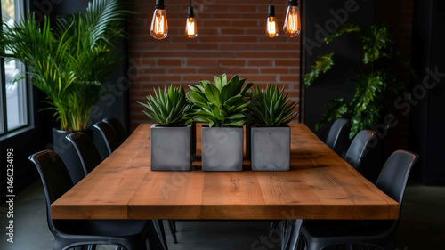 An industrial loft dining area with a long reclaimed wood table surrounded by metal chairs hanging Edison bulb lighting and a centerpiece of succulents in concrete planters creating a