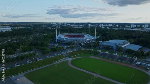 Aerial drone view of Max-Morlock-Stadion in Nuremberg, Germany .