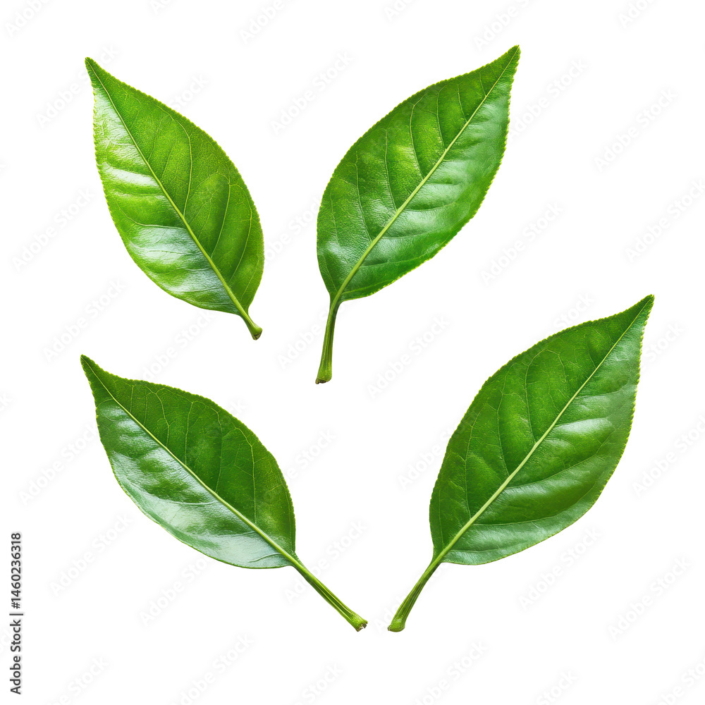 Fototapeta premium Fresh green leaves arranged artistically on a crisp white background showcasing natural beauty and vibrancy, green leavesisolated on white background